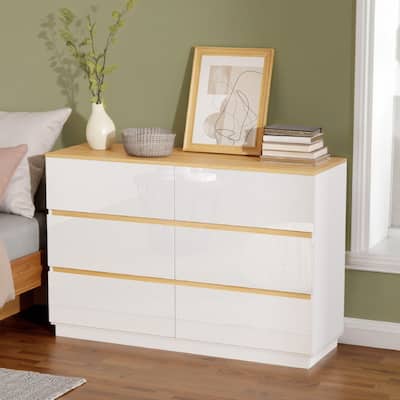 High-Gloss White Oak Contrast P2 15MM Particleboard Melamine 47.2in Double 6-Drawer