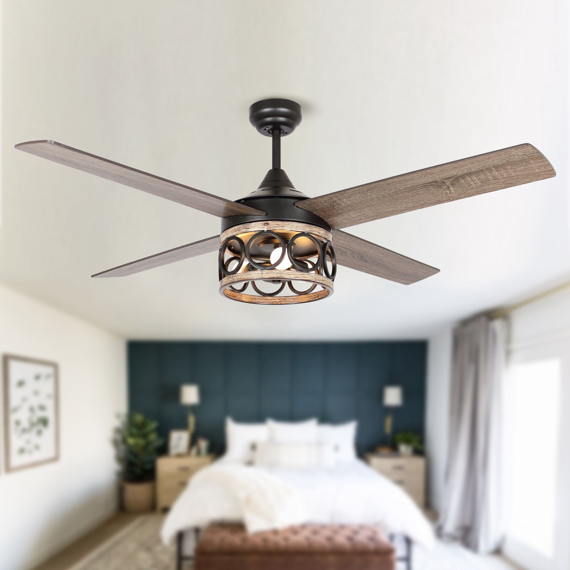 52-in Farmhouse 4-blade 3-Light Brown Wood Grain Ceiling Fan with Remote and Light Kit - 52 Inches