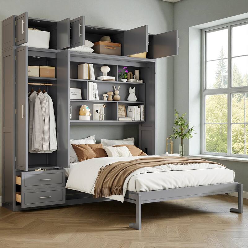 Queen Murphy Wall Bed with Top Cabinets, Shelves & Wardrobe, Space-Saving Foldable Bed with Storage - Grey - Queen