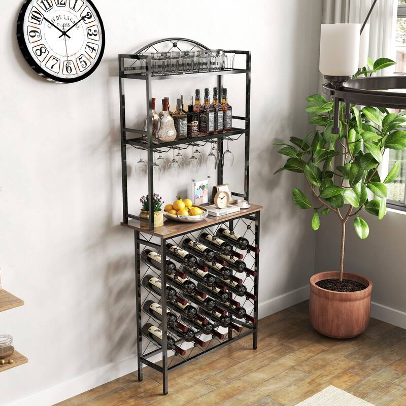 Wine Rack Bar Table with Glass Rack, Freestanding Wine Rack Display Rack for Home Bar, Wine Bottle Rack for Kitchen