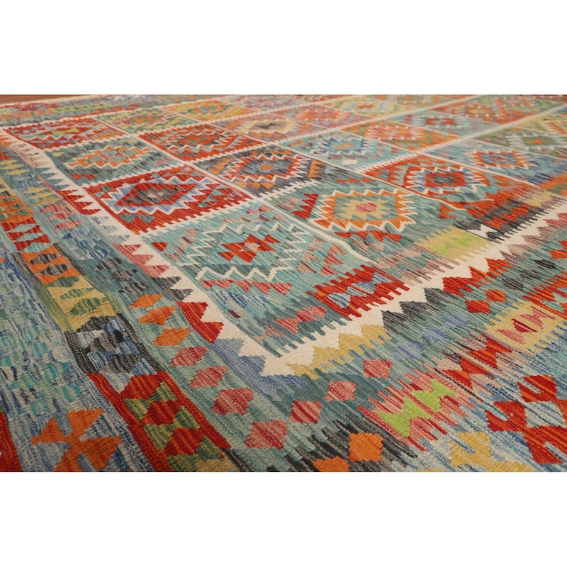 Geometric Colorful Kilim Oriental Area Rug Flatweave Wool Carpet - 9'9" x 13'0"