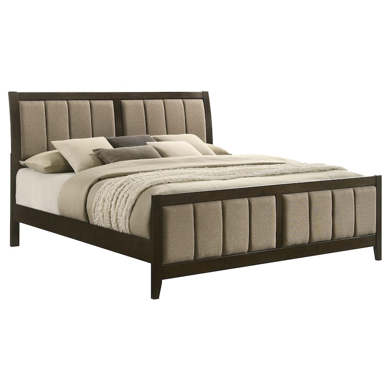 Wily King Size Bed, Channel Tufted Upholstered Headboard, Dark Brown