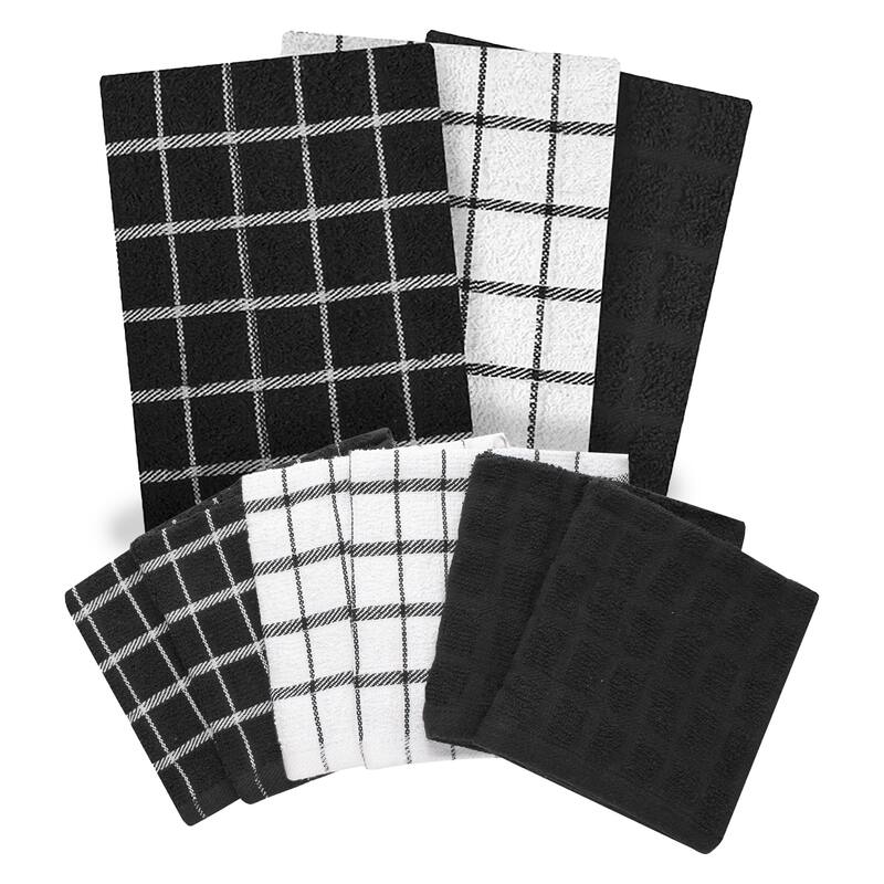 Ritz 3-Pack Terry Check Kitchen Towel and 6-Pack Terry Check Dish Cloth Set - Black