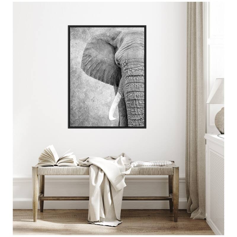 Kate and Laurel Sylvie Black and White Minimalist Safari Elephant Framed Canvas by Simon Te of Tai Prints