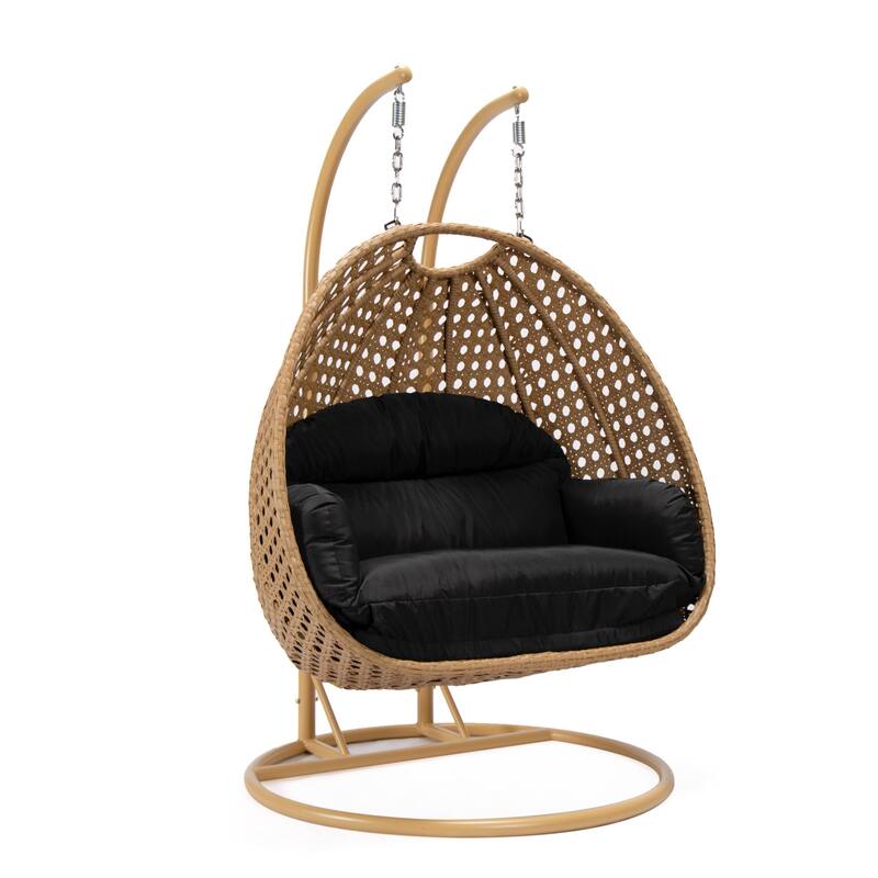 LeisureMod Mendoza 2-Person Hanging Egg Swing Chair - Handcrafted Light Brown Wicker, Patio Hammock Lounger with Cushions - 53" - Black