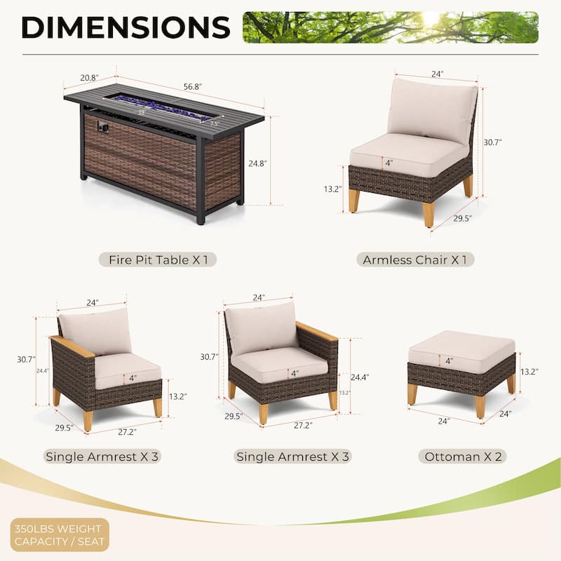 8-Piece Patio Outdoor Wicker Sectional Sofa Set, Large Seating Furniture Conversation Sets with Fire Pit Table