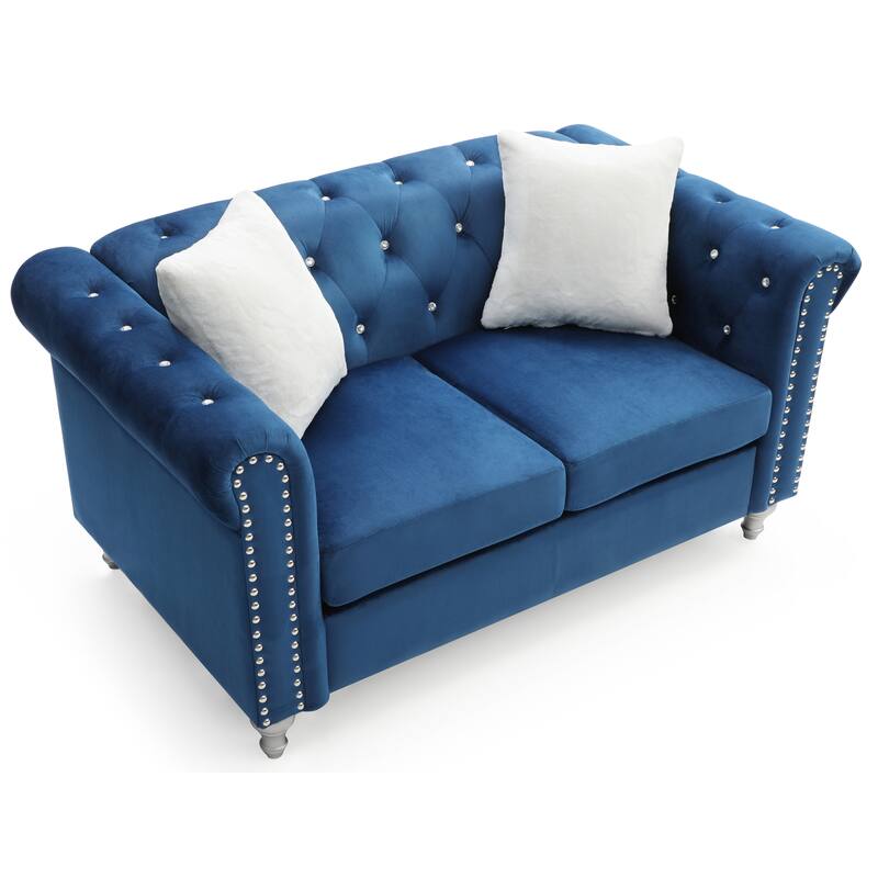 Velvet Upholstered Loveseat Sofa, Couch Settee with Round Arms, 2 Seater Sofa with 2 Throw Pillow and Nailhead Decoration