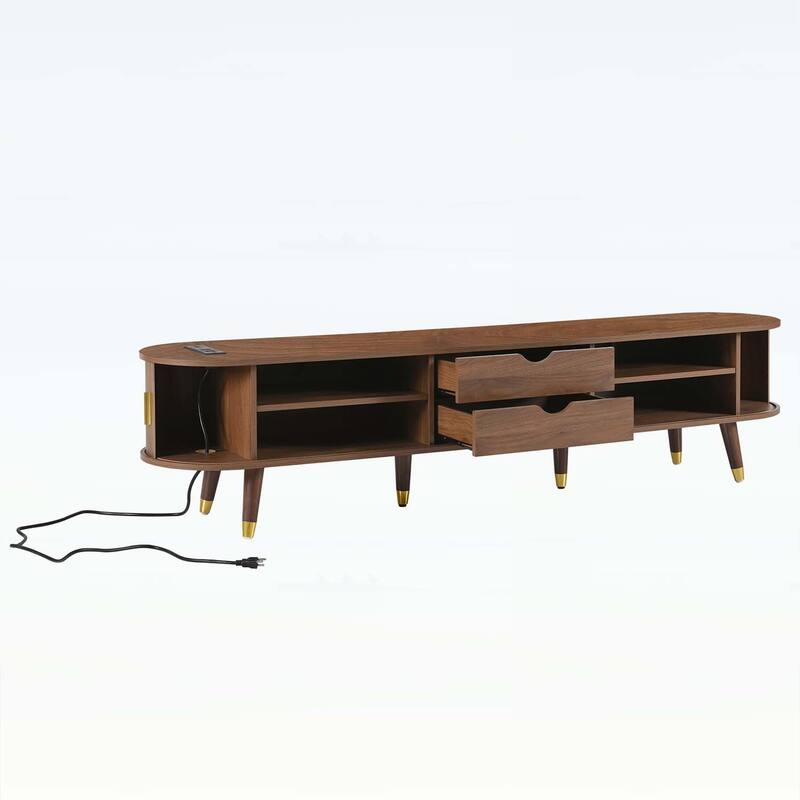 Mid-Century Wooden Oval Fluted TV Stand with Charging Station,Sliding Tambour Door