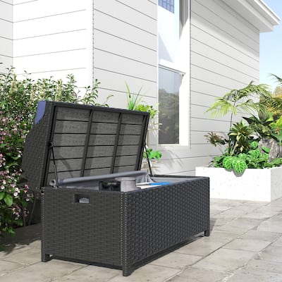 Outsunny Outdoor Wicker Storage Bench Deck Box, PE Rattan Patio Furniture Pool Storage Bin Container