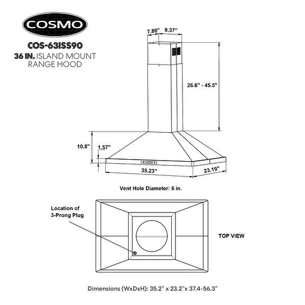 Cosmo 36 in. Ducted Island Mount Range Hood in Stainless Steel with LED Lighting, Permanent Filters