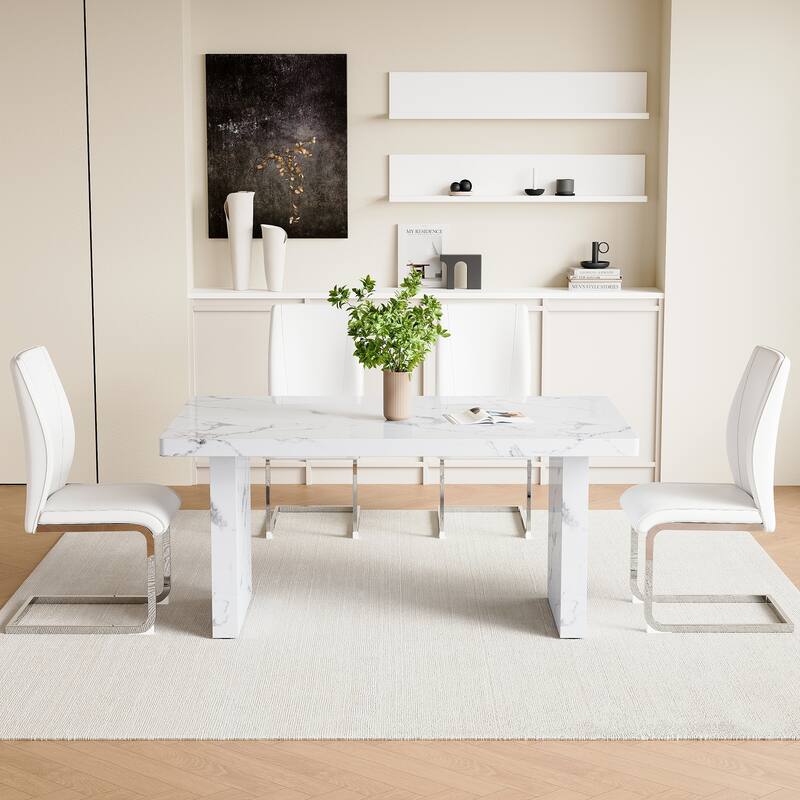5 Piece Rectangular Dining Table Set, Modern 63" Imitation Marble Dining Table w/ 4 PU Upholstered Chair for Kitchen
