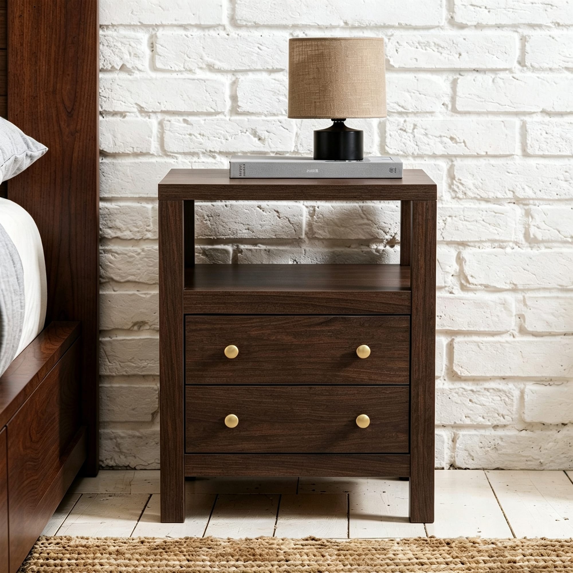 Modern Solid Wood Nightstand 2 Drawers & Open Shelf Bedside Table