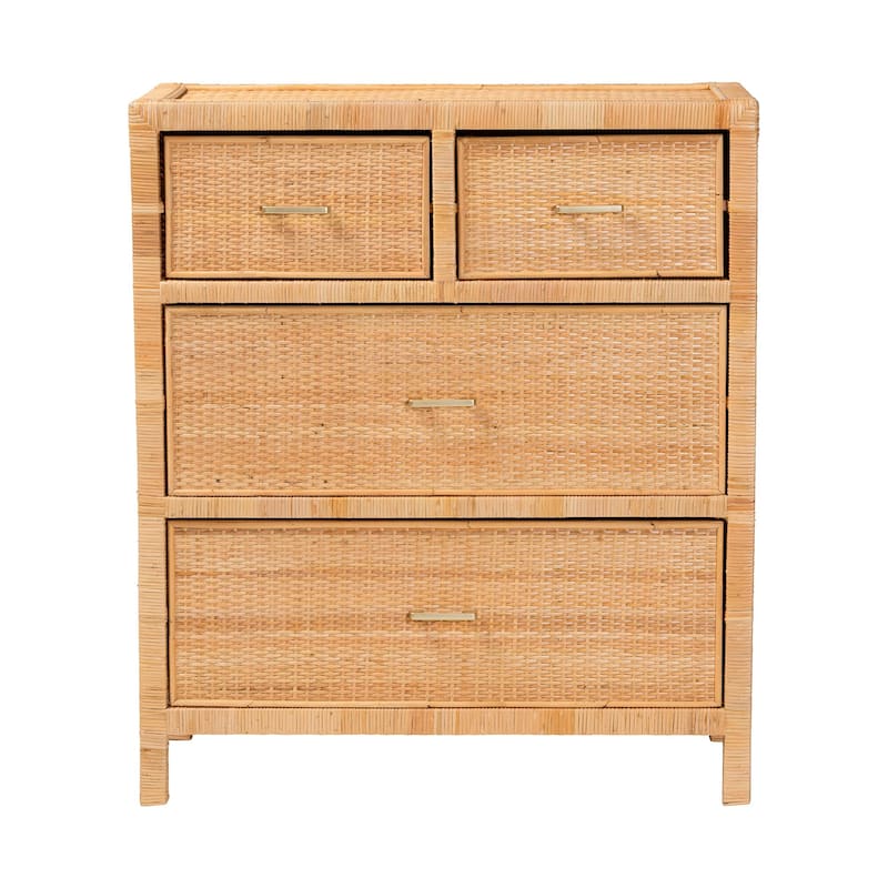 Vaere Modern Bohemian Natural Brown Rattan and Mahogany Wood Storage Cabinet