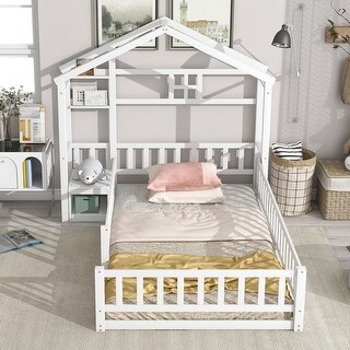 Twin House Floor Bed Frame with Guardrails, Roof Headboard, Slats Support, White