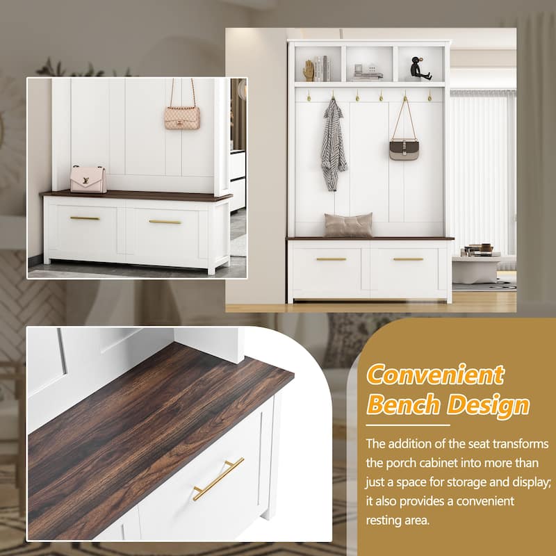 4-in-1 Hall Tree, 6 Gold Hooks, Wood Grain Bench, 2 Drawers, Entryway Organizer, 47.2W x 15.5D x 76.6H