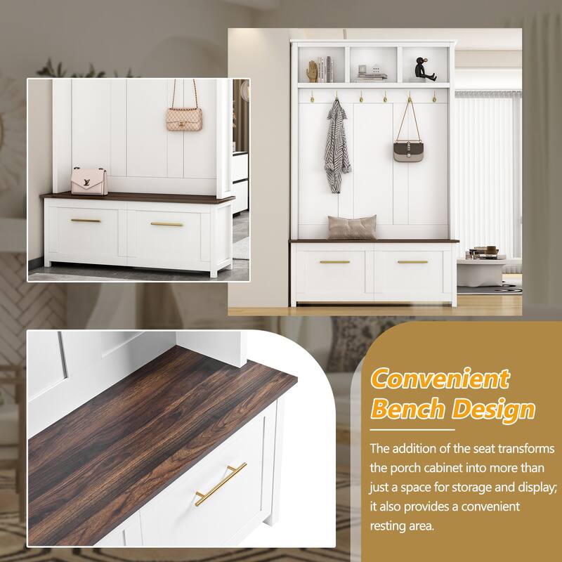 Roomfitters Mudroom 4-in-1 Hall Tree with Storage Bench, Versatile Coat Rack with 6 Golden Hooks and Multiple Storage Sections
