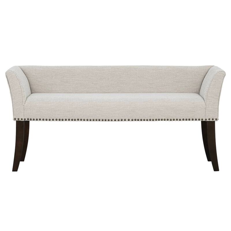 Roomfitters 49.5" Upholstered Accent Bench, Flared Arms and Morocco Wood Legs with Nailhead Trim, Cream