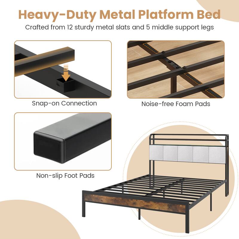 Bed Frame with LED Lights Charging Ports and Storage Headboard