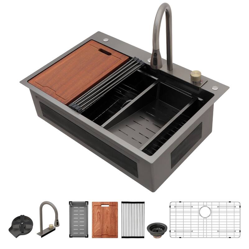 33x22 in. Fly Rain Drop in Kitchen Sink Single Bowl Waterfall Workstation Kitchen Basin with Faucet - Black