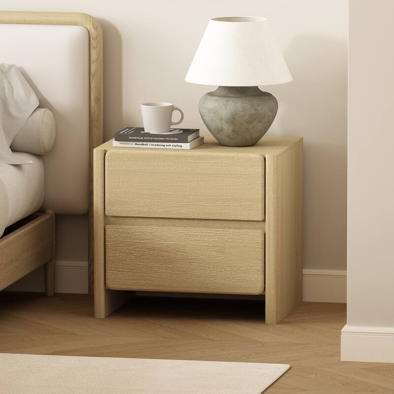 Natural Oak Nightstand with 2 Drawers, Minimalist Design for Bedroom