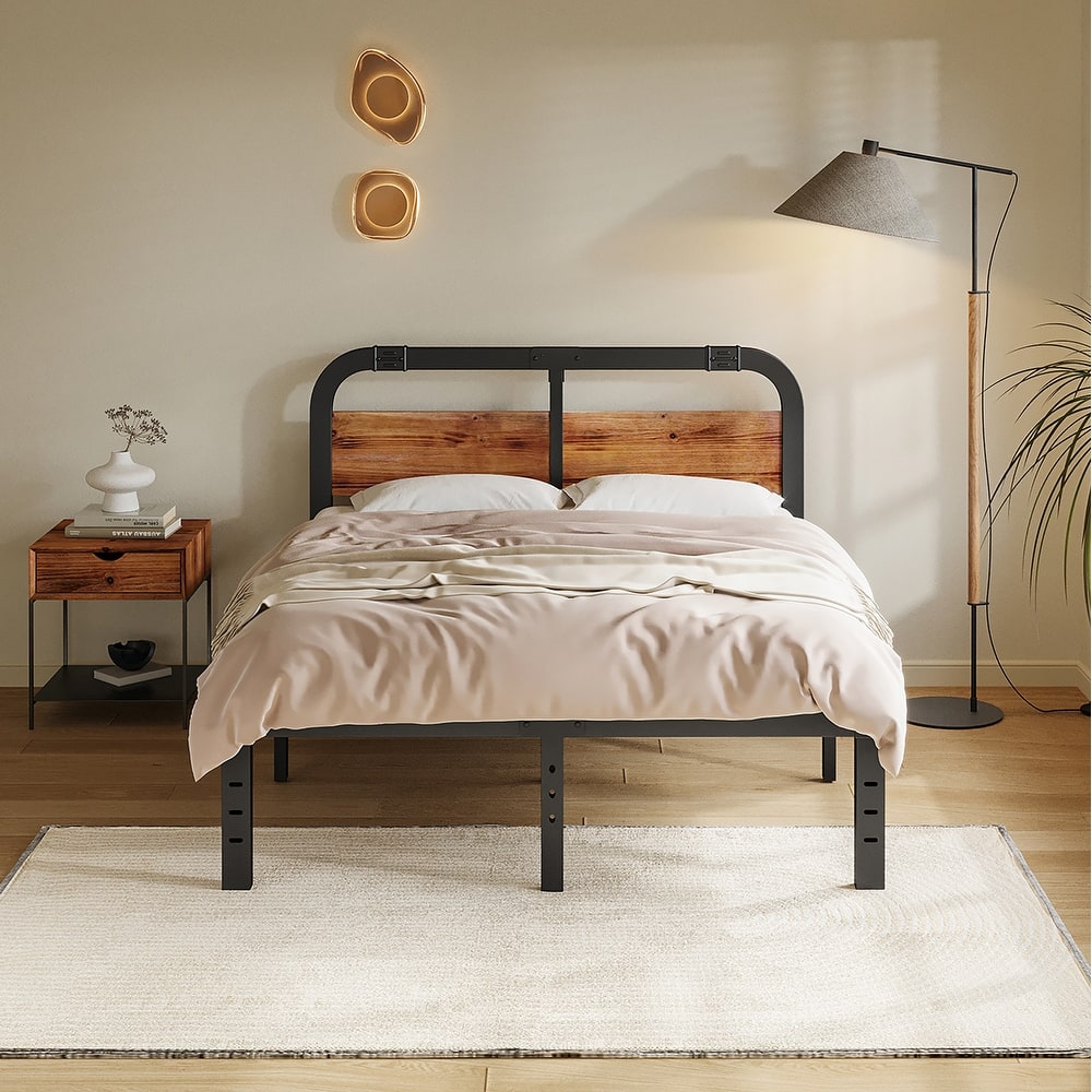 Bed Frame 14 Inch Rustic Wood Headboard, Heavy Duty Steel Slats Support, No Box Spring Needed