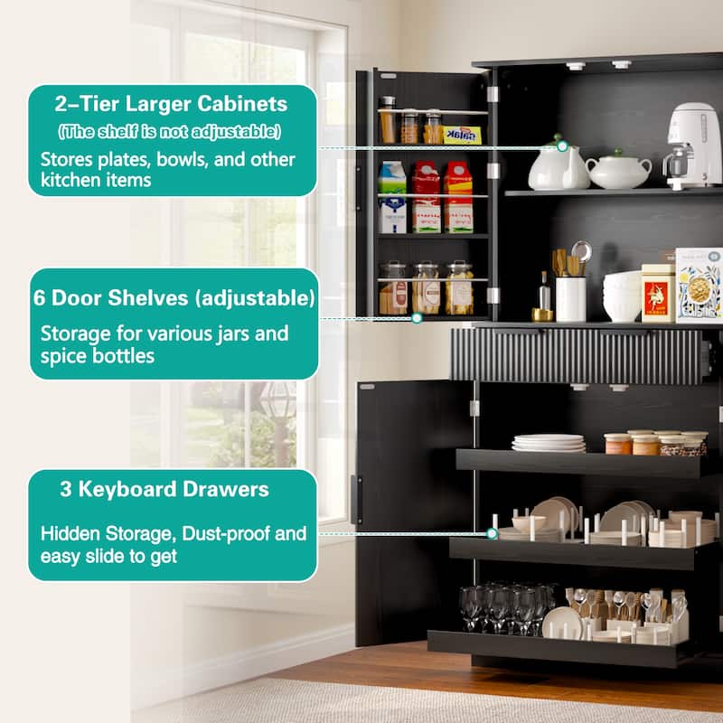 Kitchen Pantry Cabinet, Fluted Kitchen Cupboard with 3 Keyboard Drawers, Tall Storage Cabinet with Adjustable Shelves