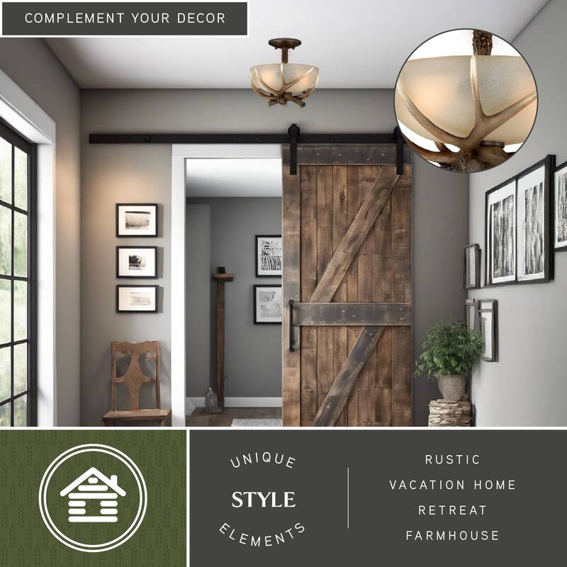 Yoho 12-in W Bronze Rustic Antler Bowl Semi Flush Mount Ceiling Light Cream Glass - 12-in W x 11-in H x 12-in D