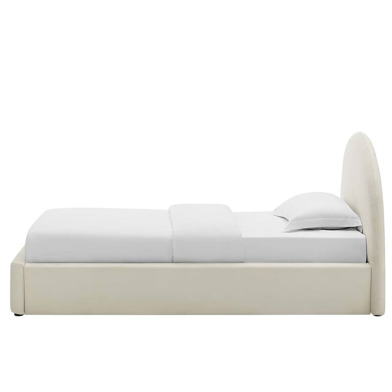 Palmetto Modern Round Headboard Off-white Velvet Upholstered Twin Size Platform Bed