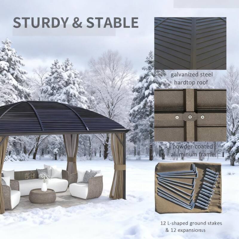 Steel Roof Gazebo with Curtains, Ceiling Hooks, and Windproof Design