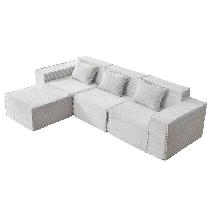 L-Shaped Modular Sectional Sofa with Ottoman, Striped Corduroy Deep Seat Cloud Couch, Compressed 3-Seat Sofa for Home, Apartment