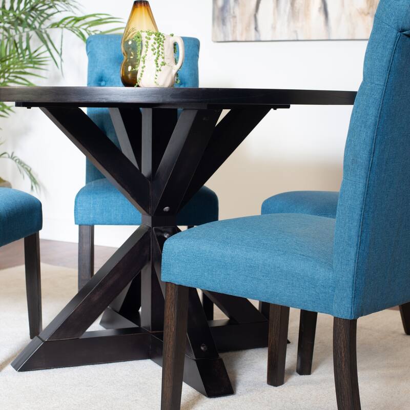 Modern 5-Piece Dining Set with Round Cross Base Table & 4 Tufted Chairs