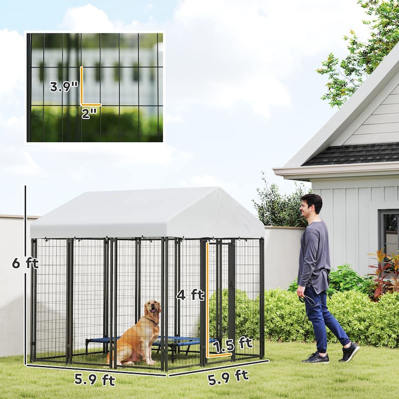 Silver-Black Steel Outdoor Dog Kennel with PE Cover and Large Area - 70.8" W x 70.8" D x 72" H