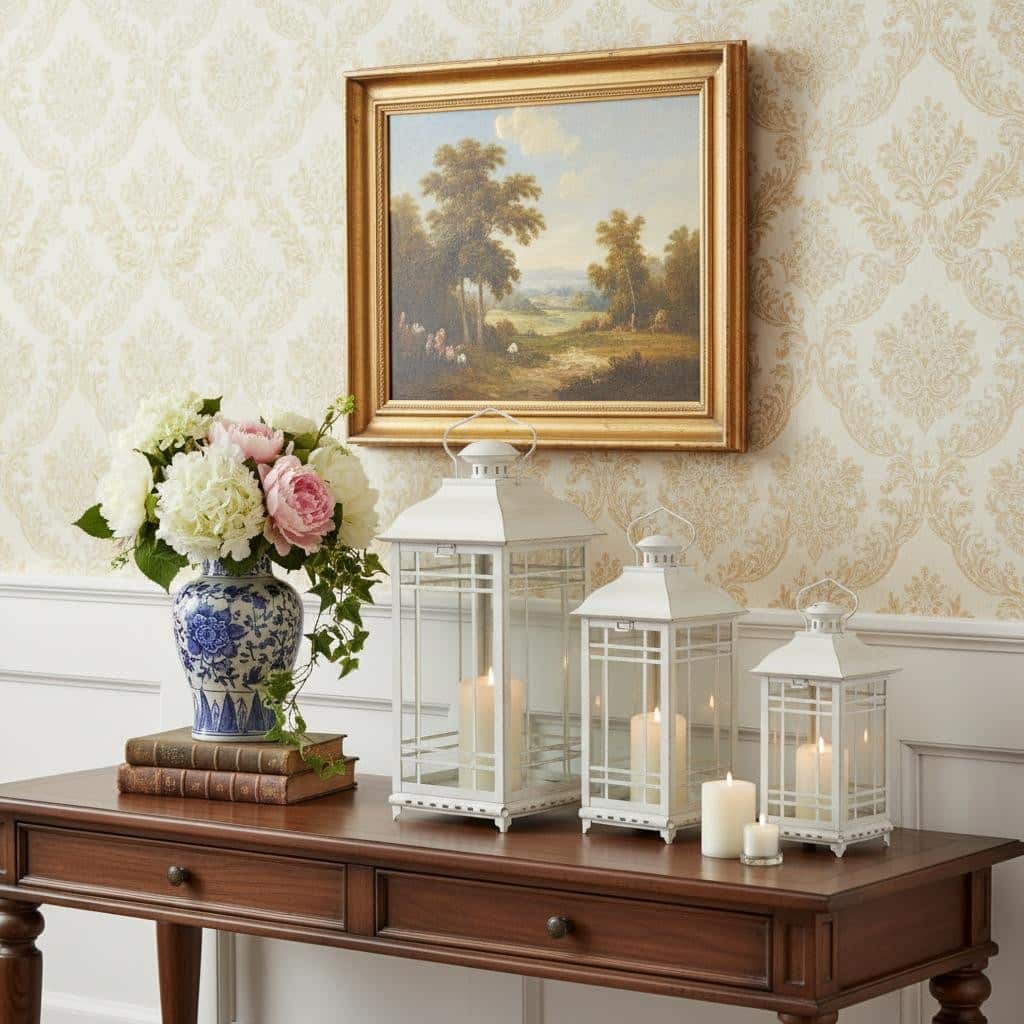 Set of Three Ivory Metal Mirrored Floor Lantern Candle Holders