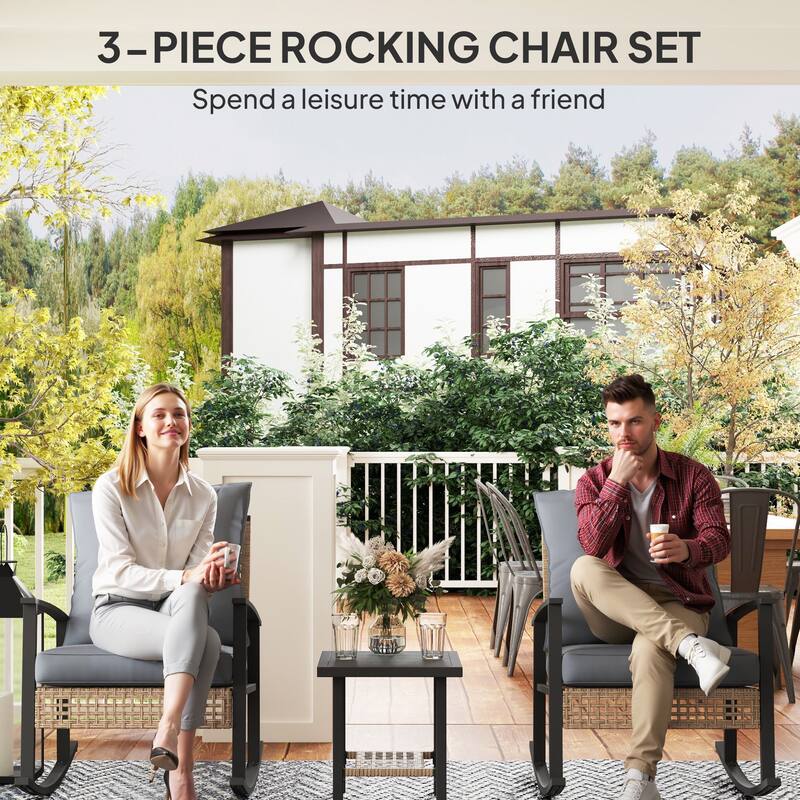 3-Piece Patio Furniture Set Includes 2 Rocking Chairs and Side Table with Water-Resistant Cushions - 26" W x 34.75" D x 34.25" H