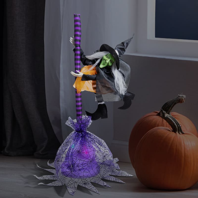 Animated Flying Witch with Broom Halloween Decoration - 25"