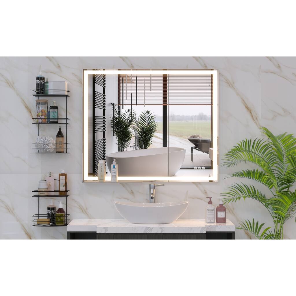 30x36 LED Bathroom Vanity Mirror Wall Mounted Adjustable White/Warm/Natural Lights Anti-Fog Touch Switch with Smart Large Mirror