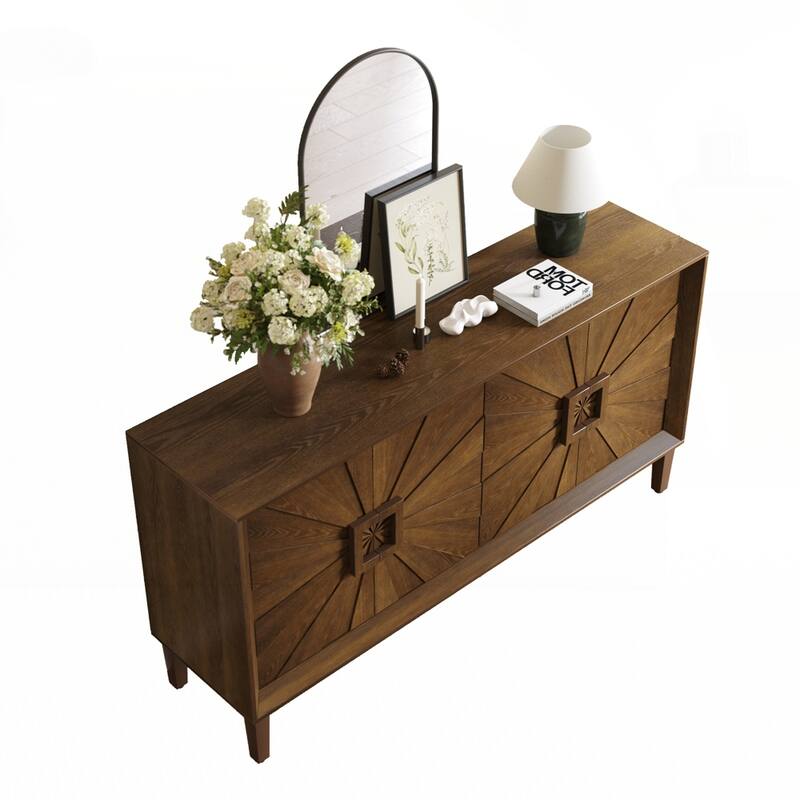 Carved Flower Door Large Storage Cabinet With Metal Handle