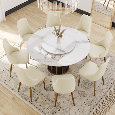Round Metal Pedestal Dining Table Round Sintered Stone Table with Lazy Susan