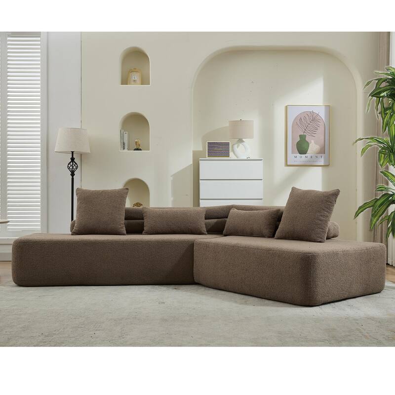 128" Minimalist Cloud Sectional Couch, 4-Seater, Brown Boucle Teddy Fabric Sofa, No Assembly