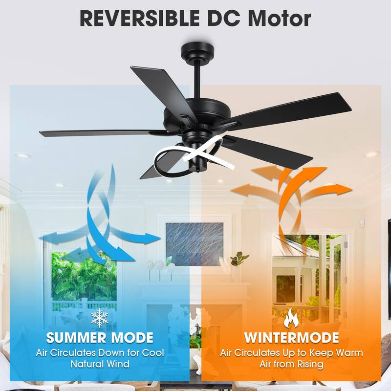 52" Matte Black Modern Ceiling Fan with LED Light and Remote