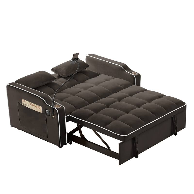 Versatile Foldable Double Seat Recliner,Comfortable Velvet Pull-Out Sleeper Sofa Bed with Side Pockets,Swivel Phone Stand