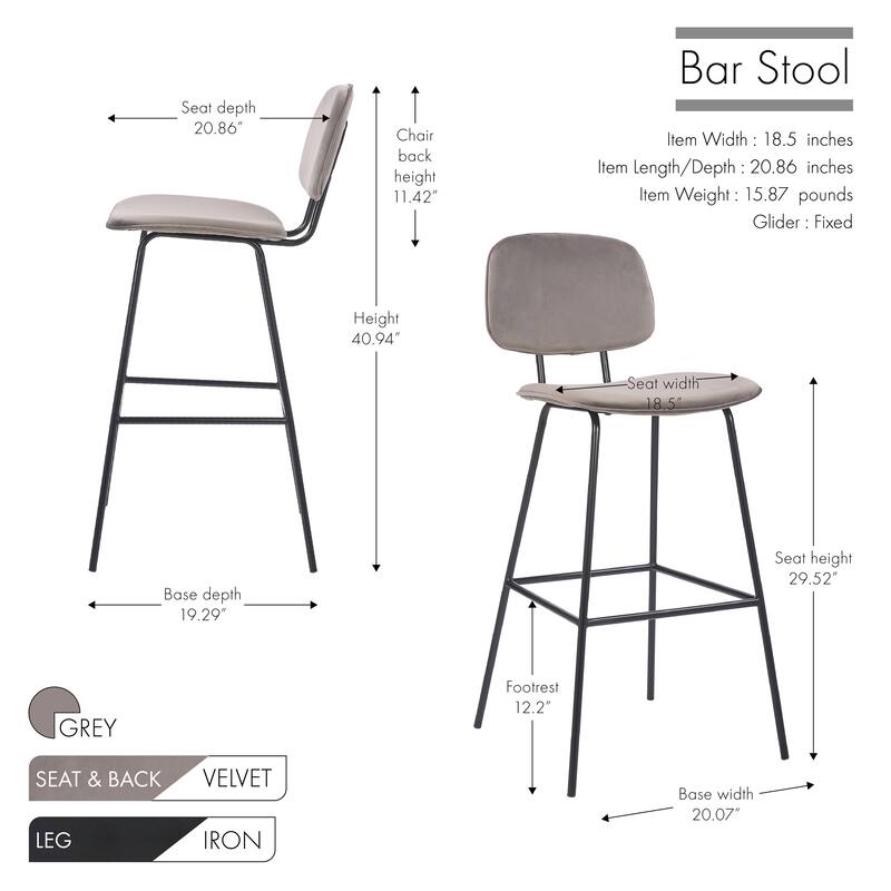 Porthos Home Soren Bar Stools Set Of 2, Velvet Upholstery, Iron Legs