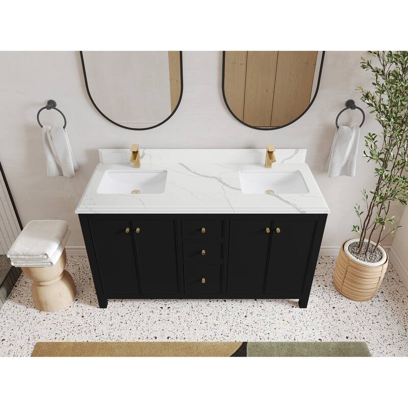 Willow Collections 60 in. W x 22 in. D Chicago Double Sink Bathroom Vanity with Countertop - 1.5"Calacatta - Black