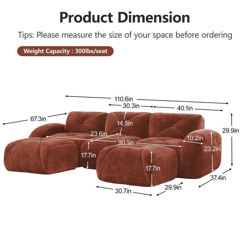 U-shaped Boneless Sofa, Tufted Design, 32D High Density Sponge, Bottom Anti-Slip Design, No Assembly Required Bottom