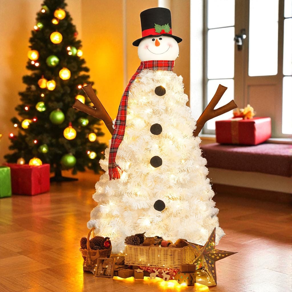 4FT Pre-Lit Snowman Artificial Christmas Tree with 100 LED Lights and 380 PVC Tips, Hinged Holiday Decoration