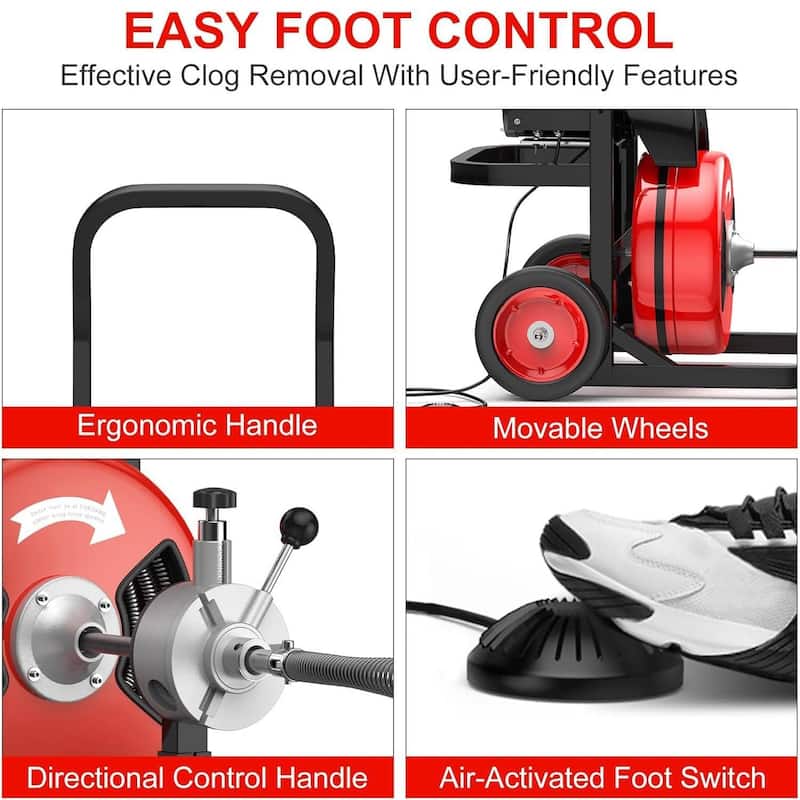 75Ft x 1/2in Auto-Feed Electric Drain Cleaner, 450w Sewer Snake for 2-4 Inch Pipes