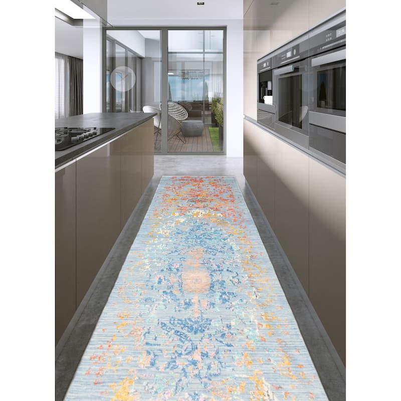 ECARPETGALLERY Hand-knotted Heritage Light Blue Silk, Wool Rug - 2' 6" x 12' 1"