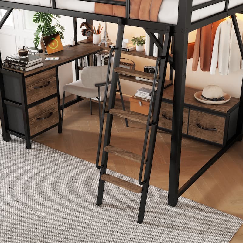 Full Size Loft Bed with Desk and Light, Metal Loft Bed with Storage Shelves, Wardrobe and Drawers for Boys Girls