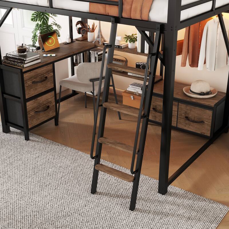 Multifunctional Loft Bed With Study Desk, LED Lighting, Built-In Shelves, Closet And Underbed Storage Drawers For Teens And Kids