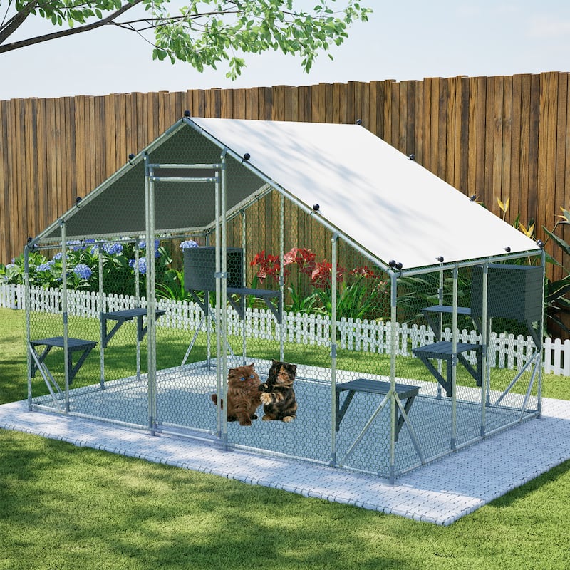 GDFStudio - Large Outdoor Metal Cat Catio Cage with Double Safety Lock & Enhanced Stability, All-Weather Pet Enclosure - 3x2M